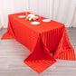 Red satin stripe tablecloth on a rectangular table.