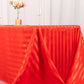 Red satin stripe rectangular tablecloth on a decorated table.