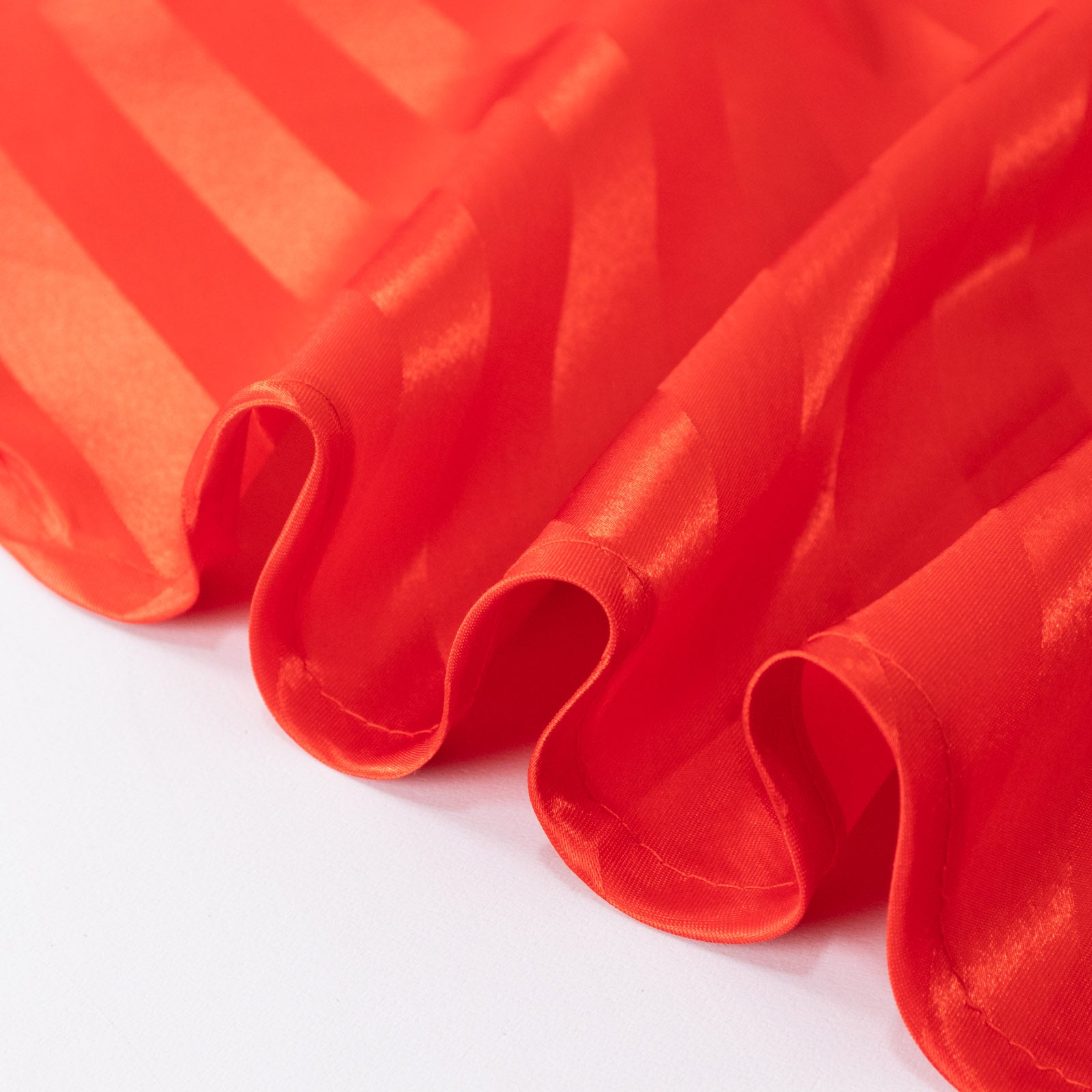 Red satin stripe tablecloth, 90"x132" seamless design.