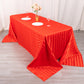 Red satin stripe seamless rectangular tablecloth on a dining table.
