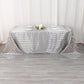 Silver satin stripe rectangular tablecloth on a dining table.