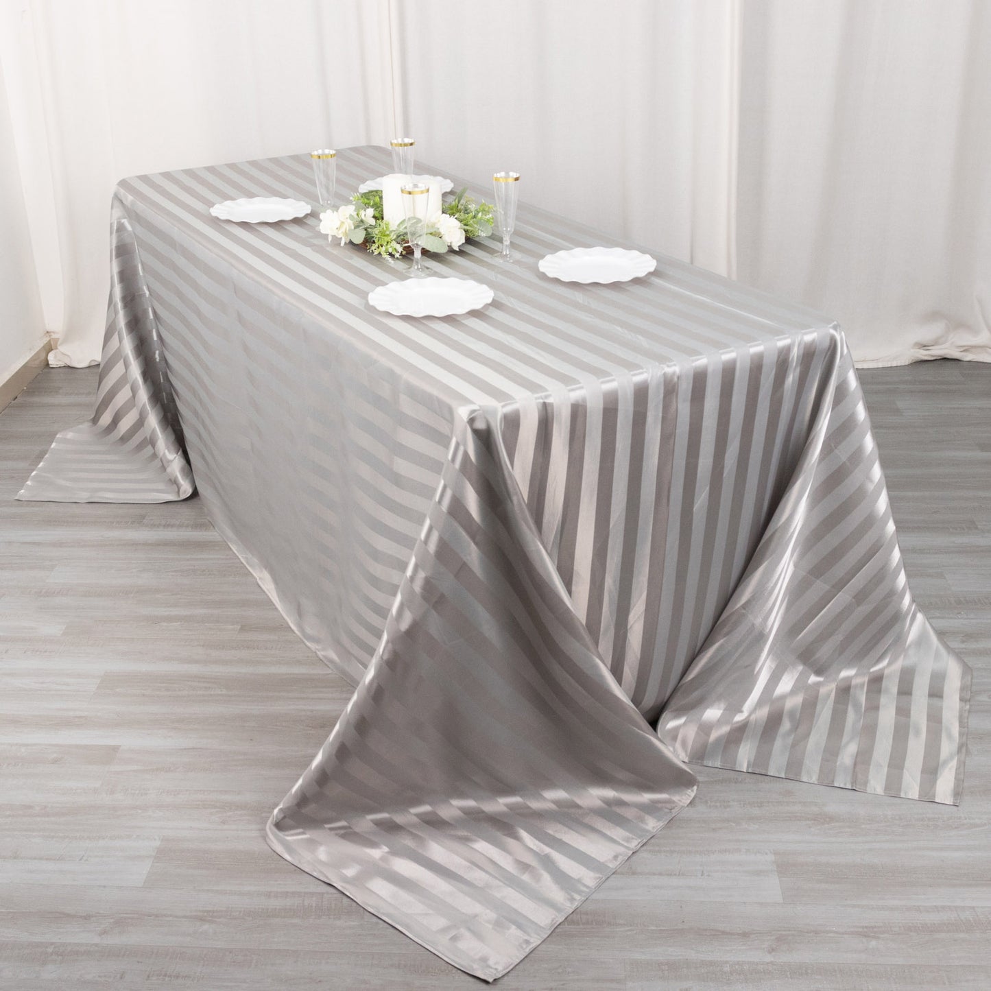 Silver satin stripe seamless rectangular tablecloth.