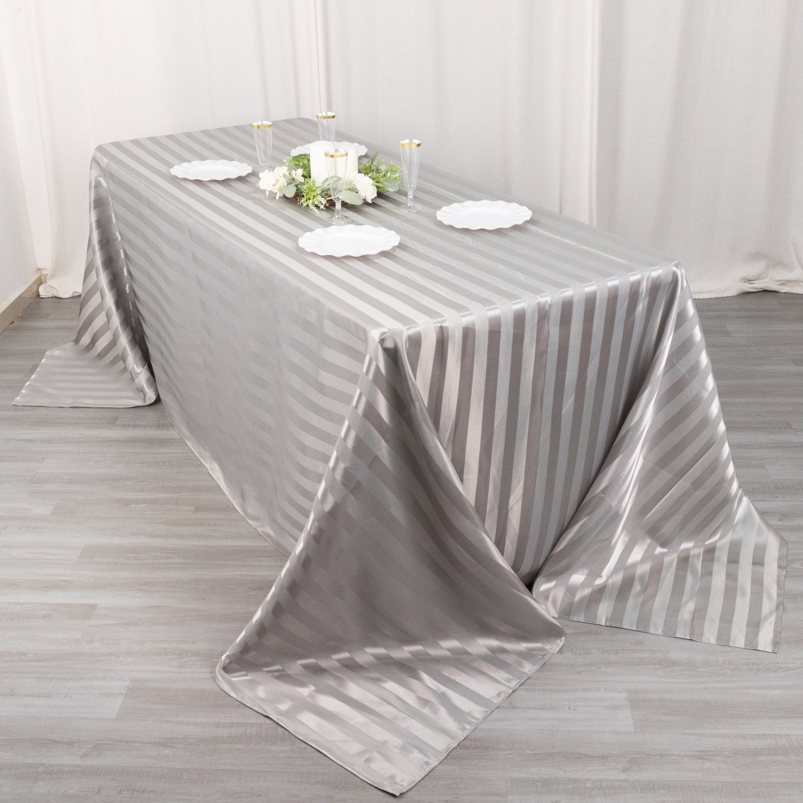 Silver satin stripe seamless rectangular tablecloth.