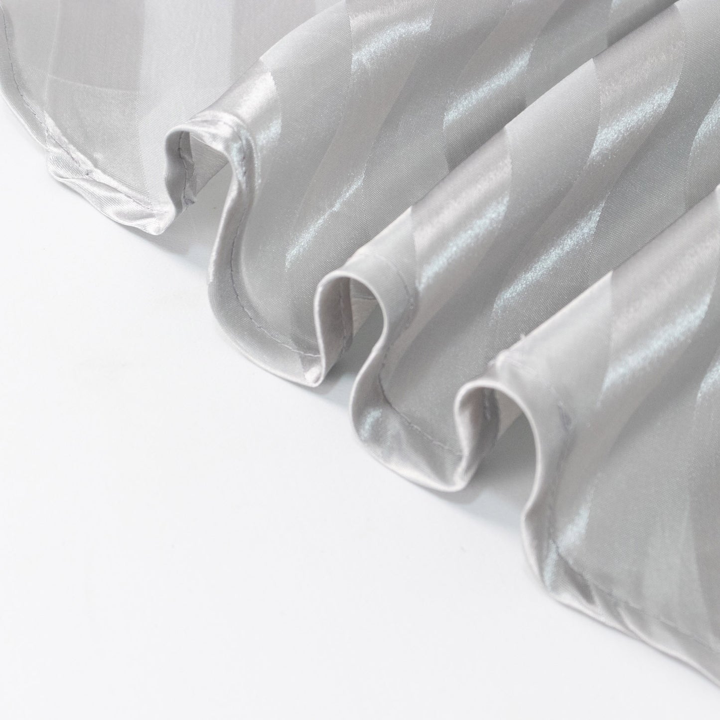 Silver satin stripe tablecloth, 90"x132", seamless rectangular design.