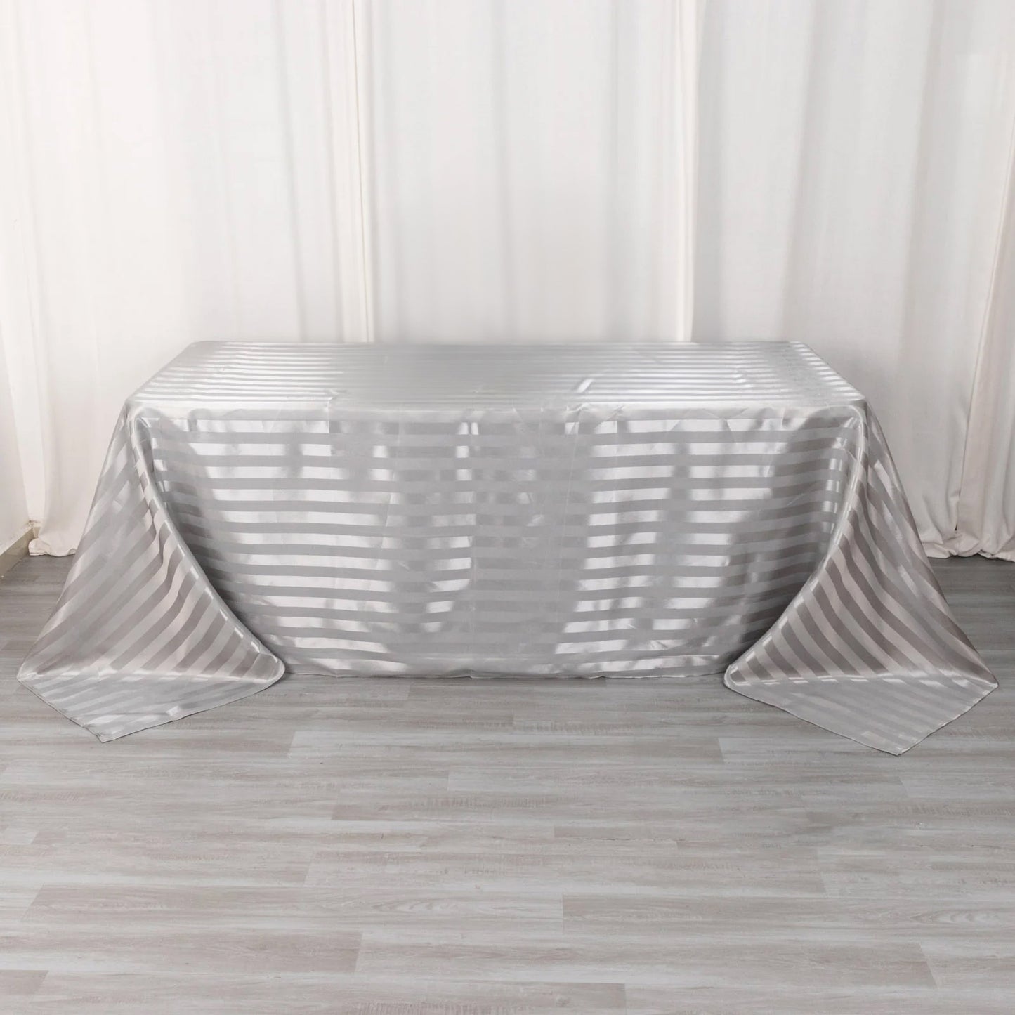 Silver satin stripe tablecloth, 90"x132", seamless rectangular design.
