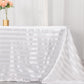 White satin stripe tablecloth on a rectangular table.