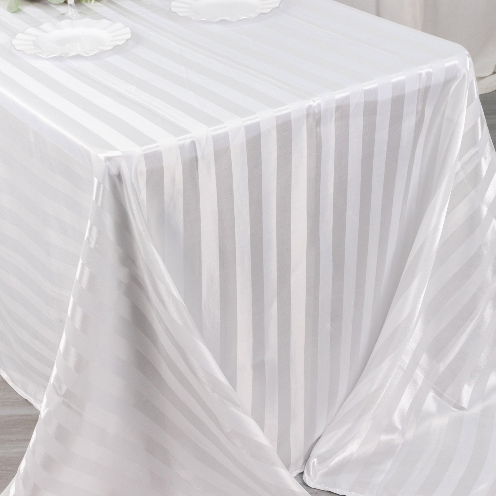 White satin stripe seamless rectangular tablecloth.