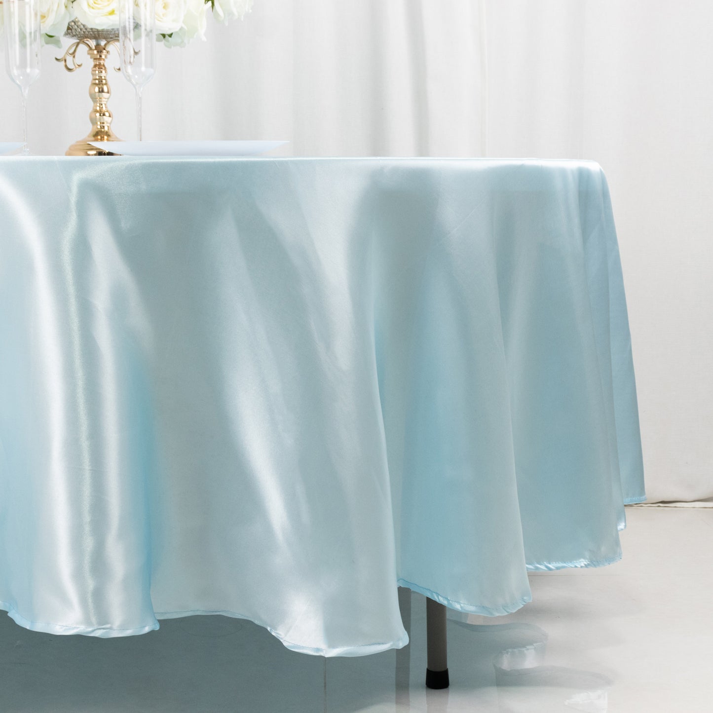 108" Light Blue Smooth Seamless Satin Round Tablecloth