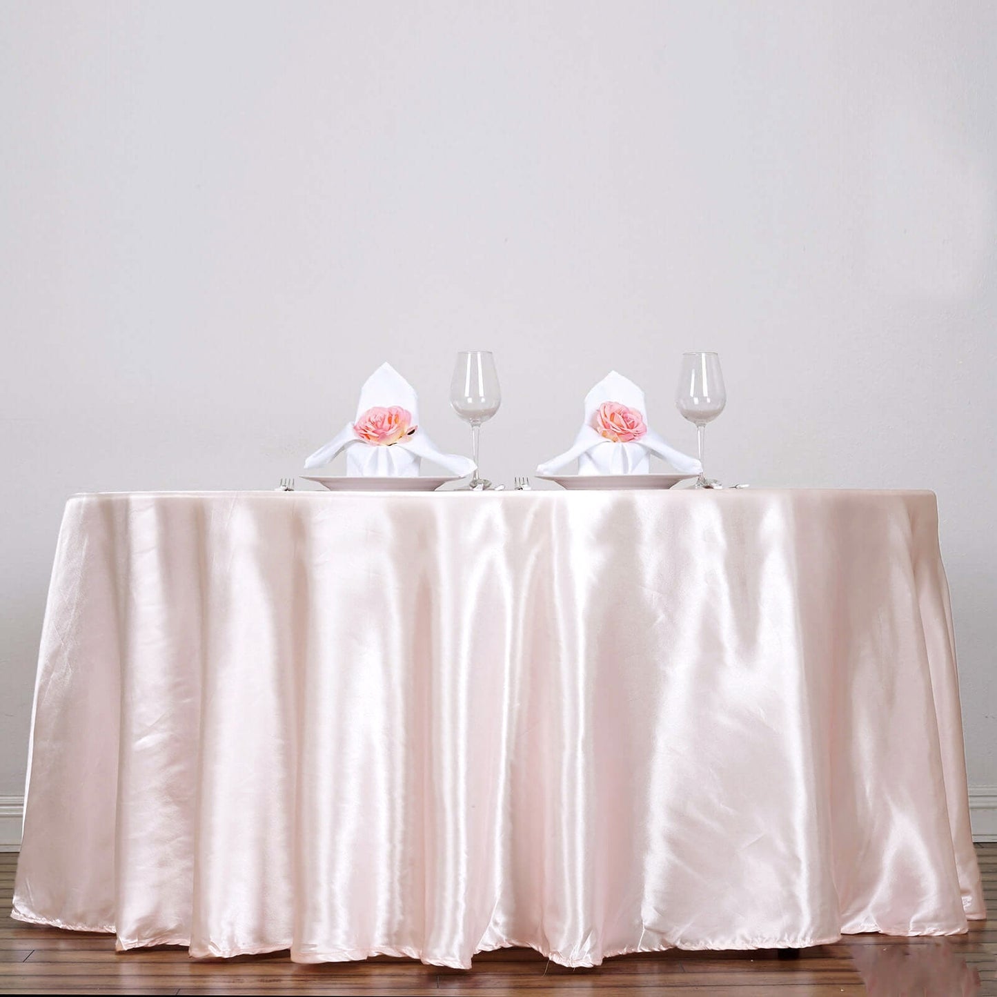 120 Inch Satin Round Tablecloth In Blush Rose Gold 