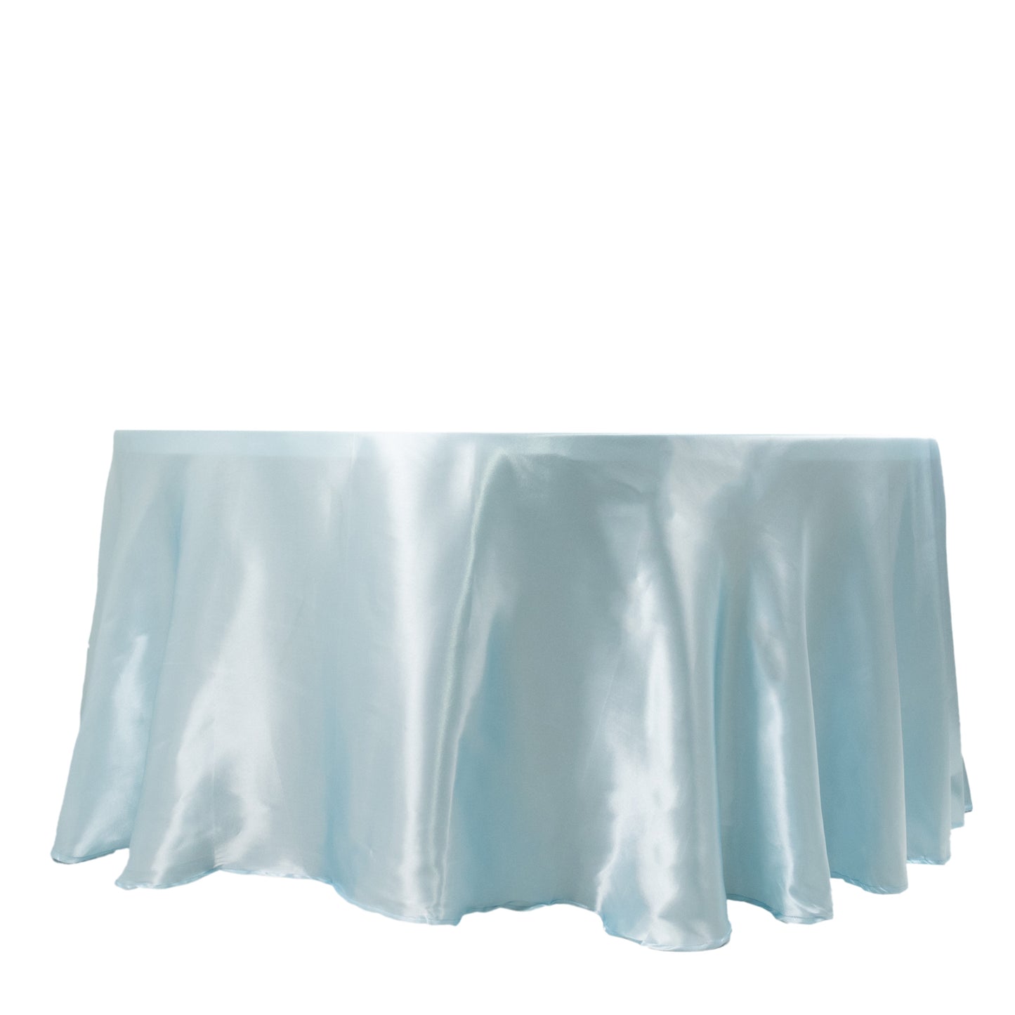 120" Light Blue Smooth Seamless Satin Round Tablecloth for 5 Foot Table With Floor-Length Drop