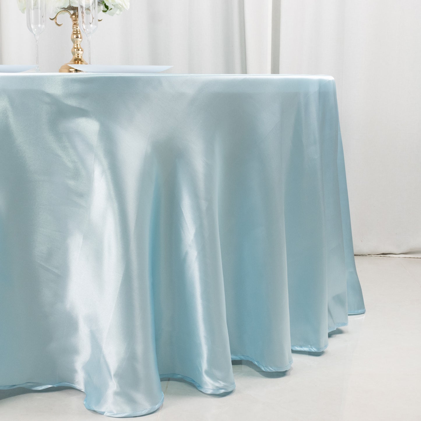 120" Light Blue Smooth Seamless Satin Round Tablecloth for 5 Foot Table With Floor-Length Drop