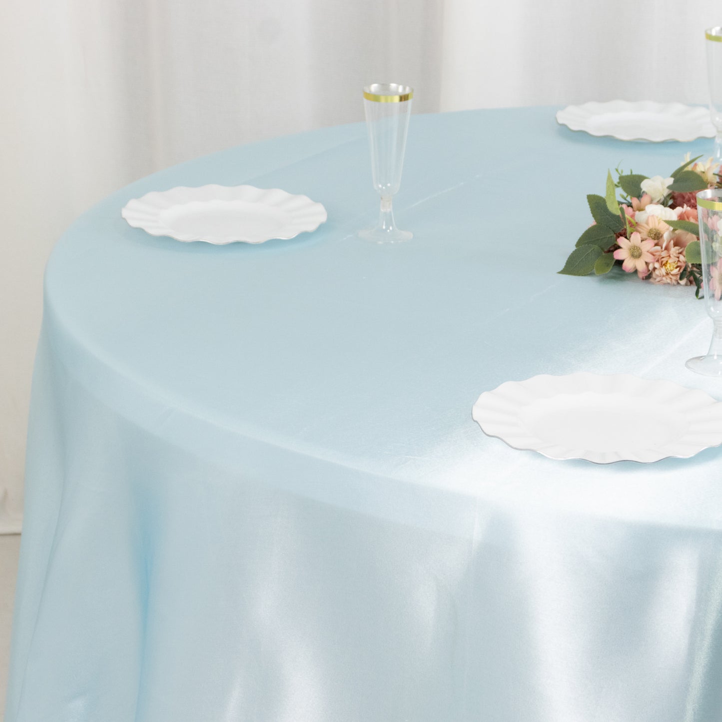 120" Light Blue Smooth Seamless Satin Round Tablecloth for 5 Foot Table With Floor-Length Drop