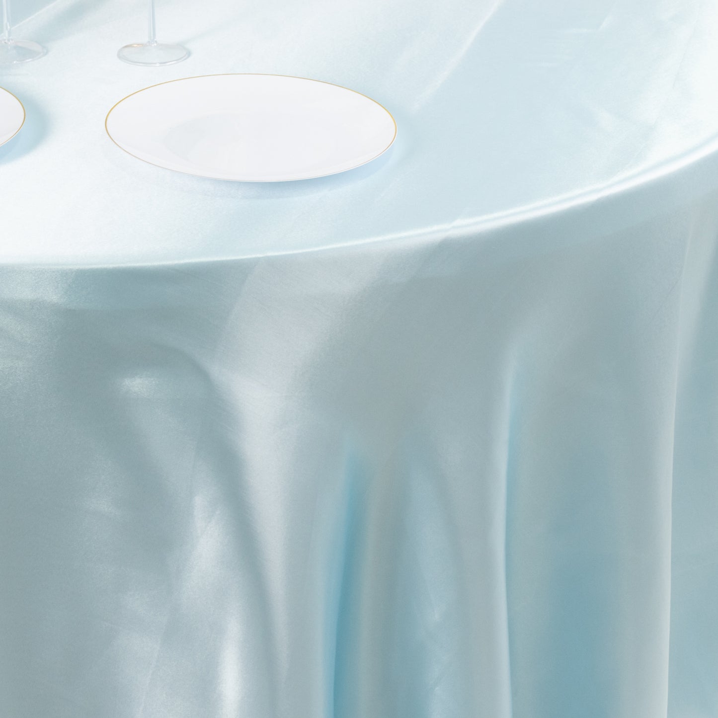 120" Light Blue Smooth Seamless Satin Round Tablecloth for 5 Foot Table With Floor-Length Drop