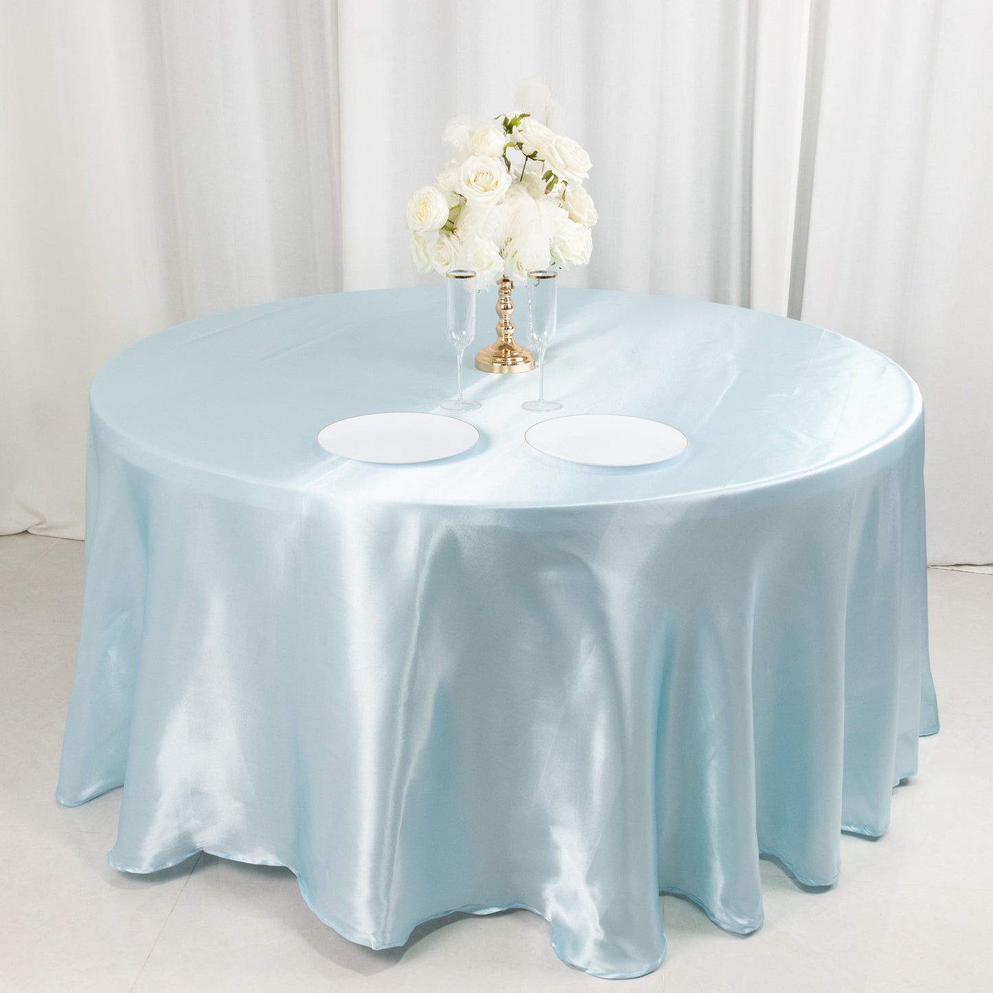 120" Light Blue Smooth Seamless Satin Round Tablecloth for 5 Foot Table With Floor-Length Drop