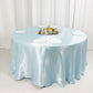 120" Light Blue Smooth Seamless Satin Round Tablecloth for 5 Foot Table With Floor-Length Drop