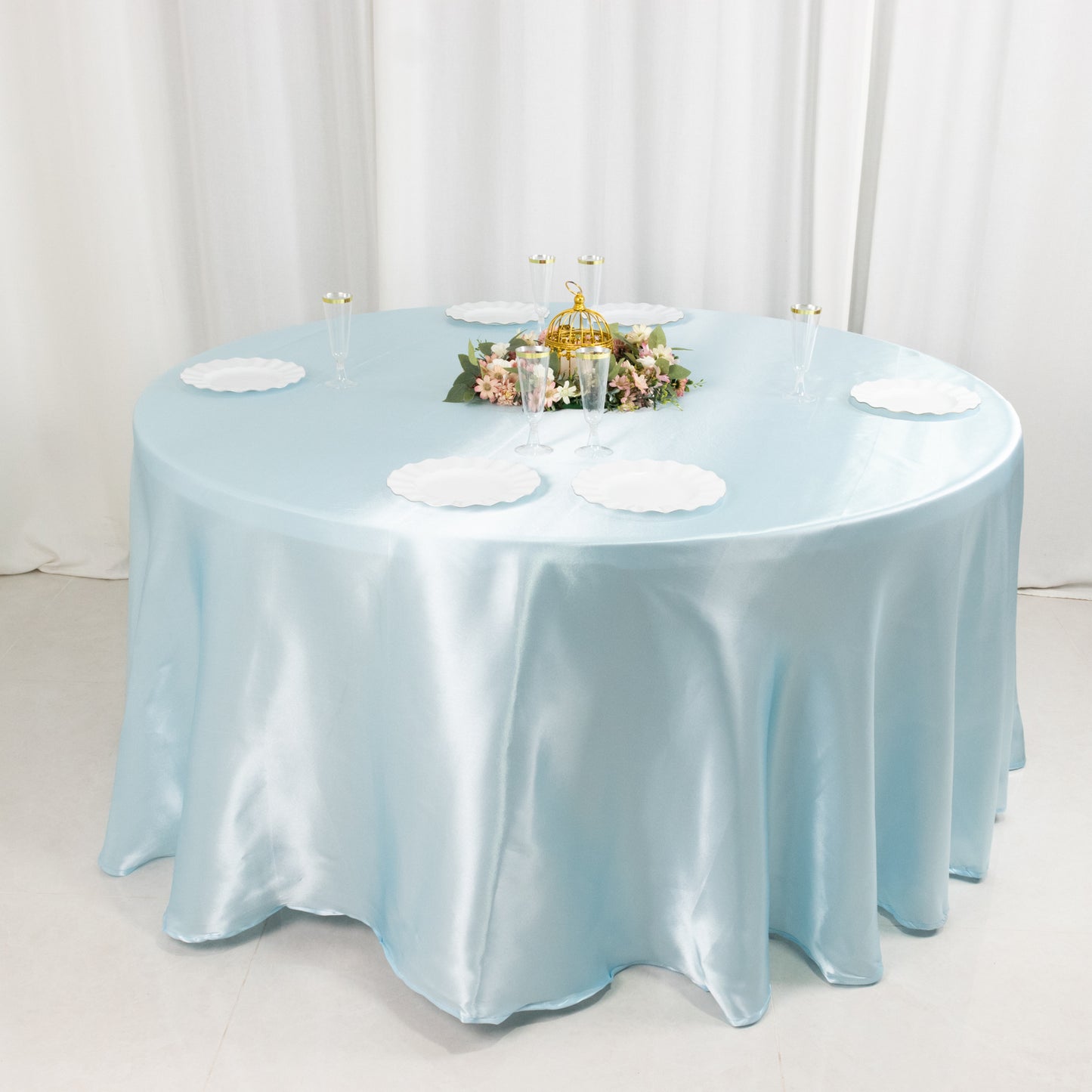 120" Light Blue Smooth Seamless Satin Round Tablecloth for 5 Foot Table With Floor-Length Drop