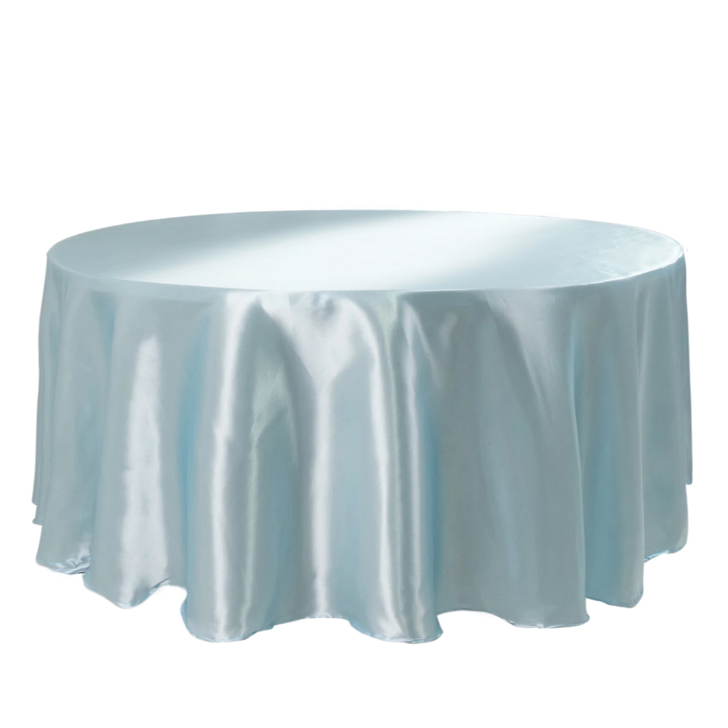 120" Light Blue Smooth Seamless Satin Round Tablecloth for 5 Foot Table With Floor-Length Drop