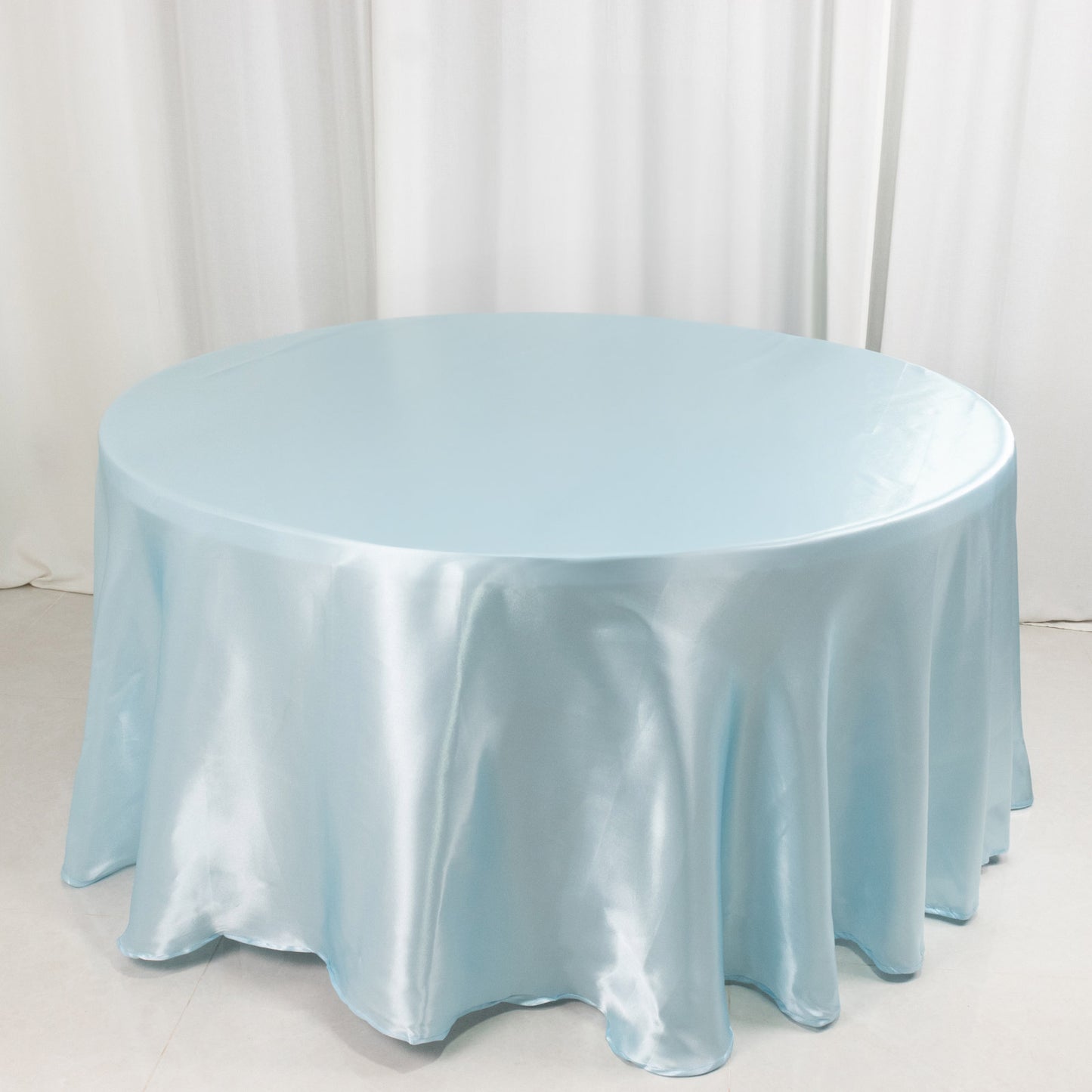 120" Light Blue Smooth Seamless Satin Round Tablecloth for 5 Foot Table With Floor-Length Drop