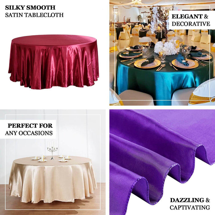 Emerald green satin round tablecloth for elegant dining occasions.