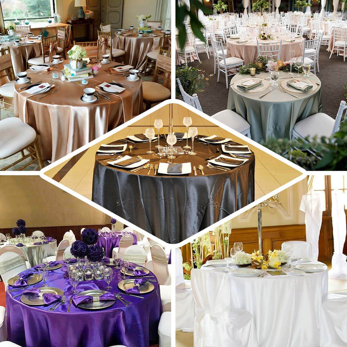 Emerald green satin round tablecloth on elegantly set tables.