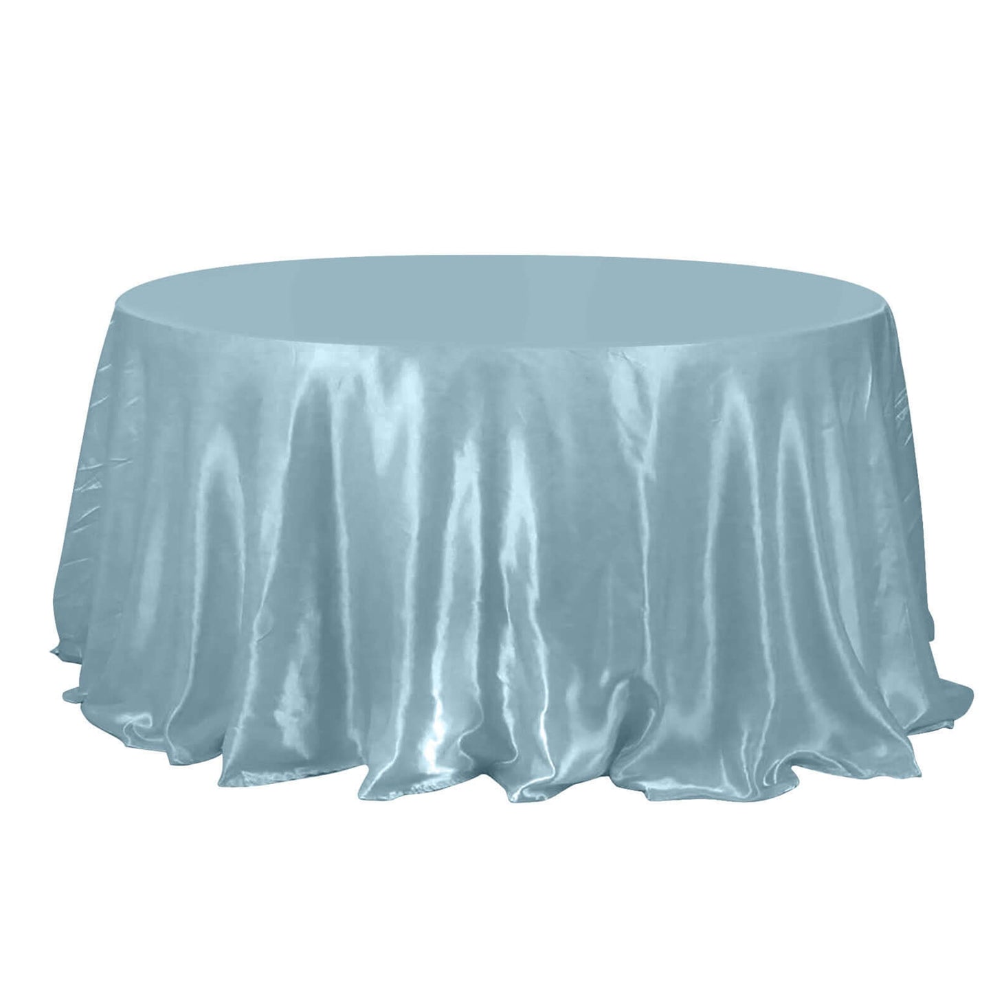 132" Light Blue Seamless Satin Round Tablecloth for 6 Foot Table With Floor-Length Drop