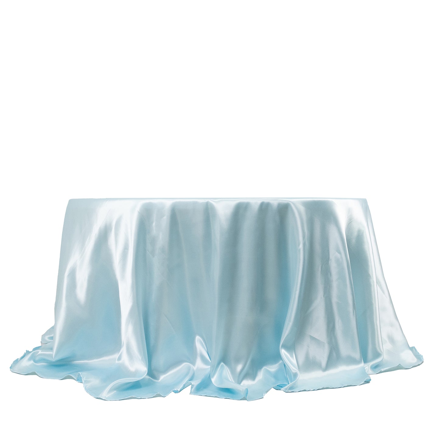 132" Light Blue Seamless Satin Round Tablecloth for 6 Foot Table With Floor-Length Drop