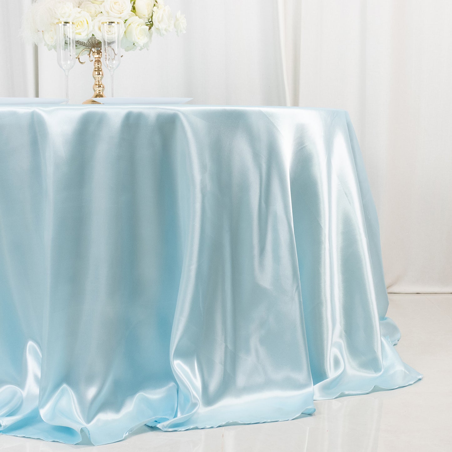 132" Light Blue Seamless Satin Round Tablecloth for 6 Foot Table With Floor-Length Drop
