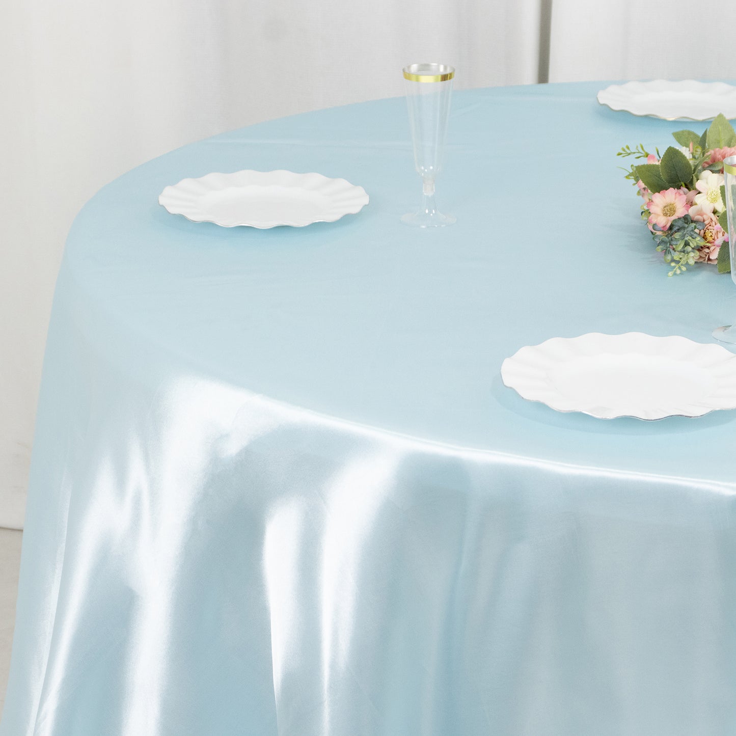 132" Light Blue Seamless Satin Round Tablecloth for 6 Foot Table With Floor-Length Drop