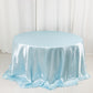 132" Light Blue Seamless Satin Round Tablecloth for 6 Foot Table With Floor-Length Drop