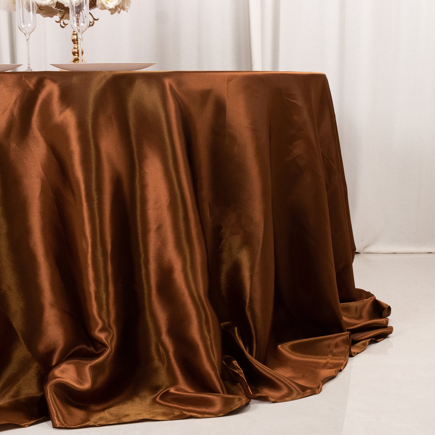 132" Cinnamon Brown Seamless Satin Round Tablecloth for 6 Foot Table With Floor-Length Drop