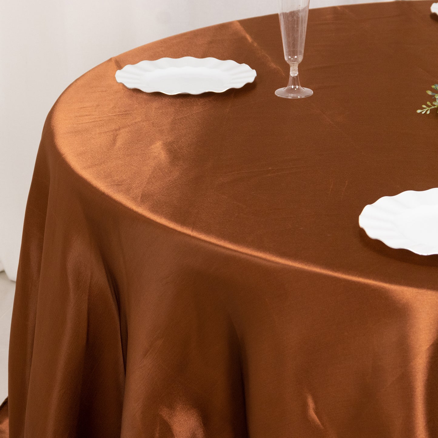 132" Cinnamon Brown Seamless Satin Round Tablecloth for 6 Foot Table With Floor-Length Drop