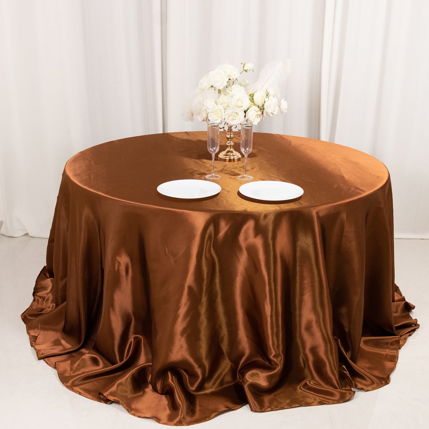 132" Cinnamon Brown Seamless Satin Round Tablecloth for 6 Foot Table With Floor-Length Drop