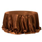 Cinnamon brown satin round tablecloth for 6-foot table with floor-length drop.