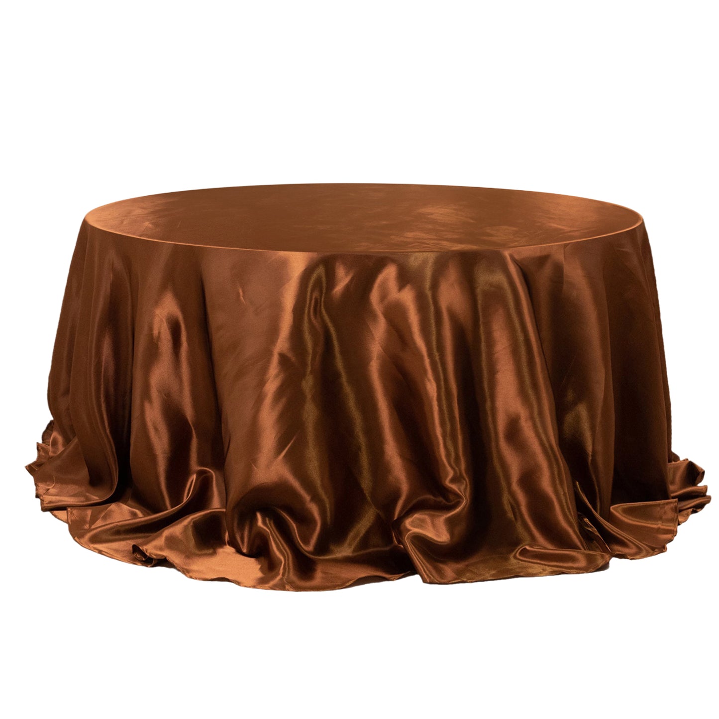 132" Cinnamon Brown Seamless Satin Round Tablecloth for 6 Foot Table With Floor-Length Drop