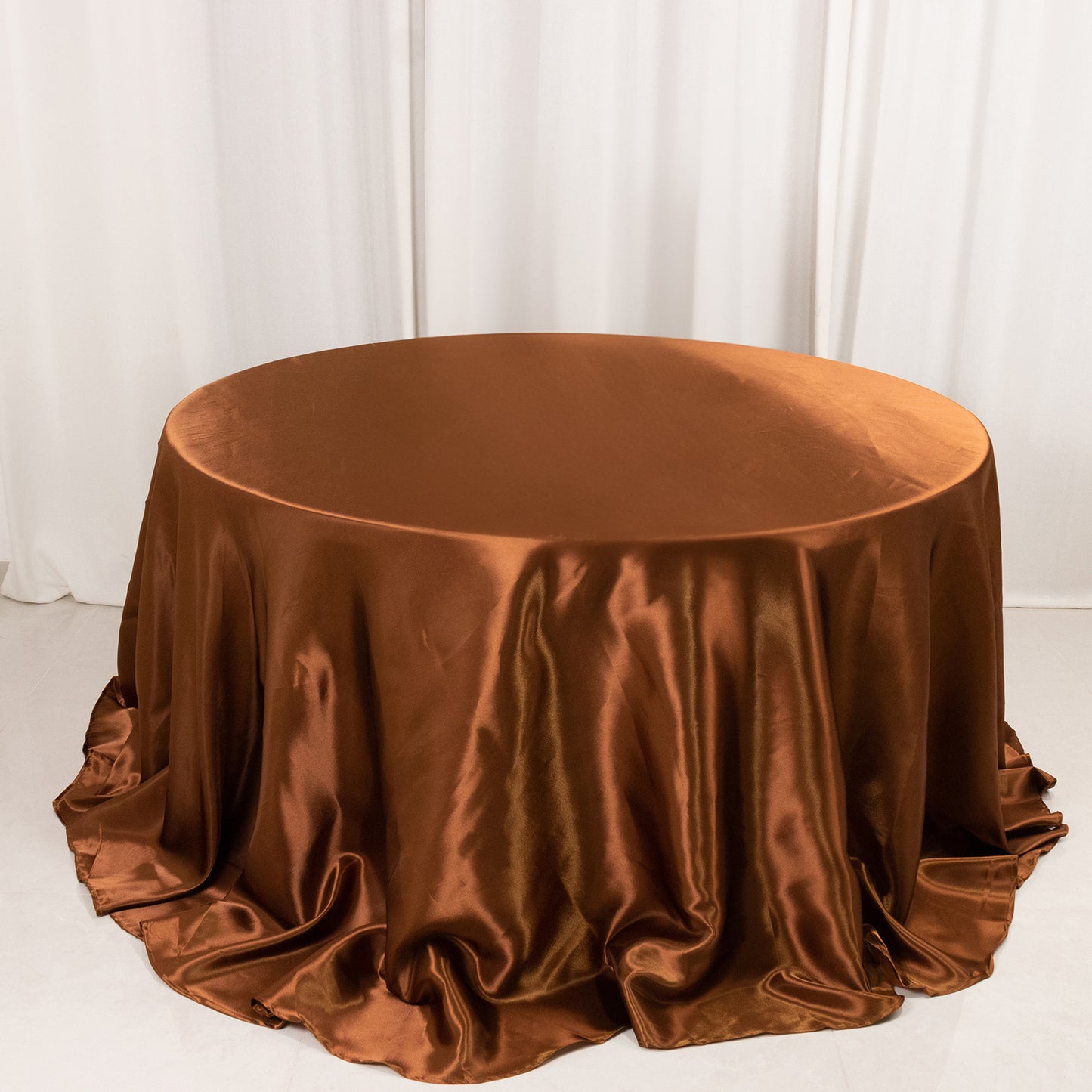 132" Cinnamon Brown Seamless Satin Round Tablecloth for 6 Foot Table With Floor-Length Drop