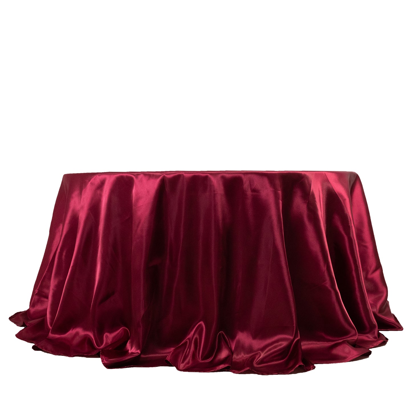 132" Burgundy Seamless Satin Round Tablecloth for 6 Foot Table With Floor-Length Drop