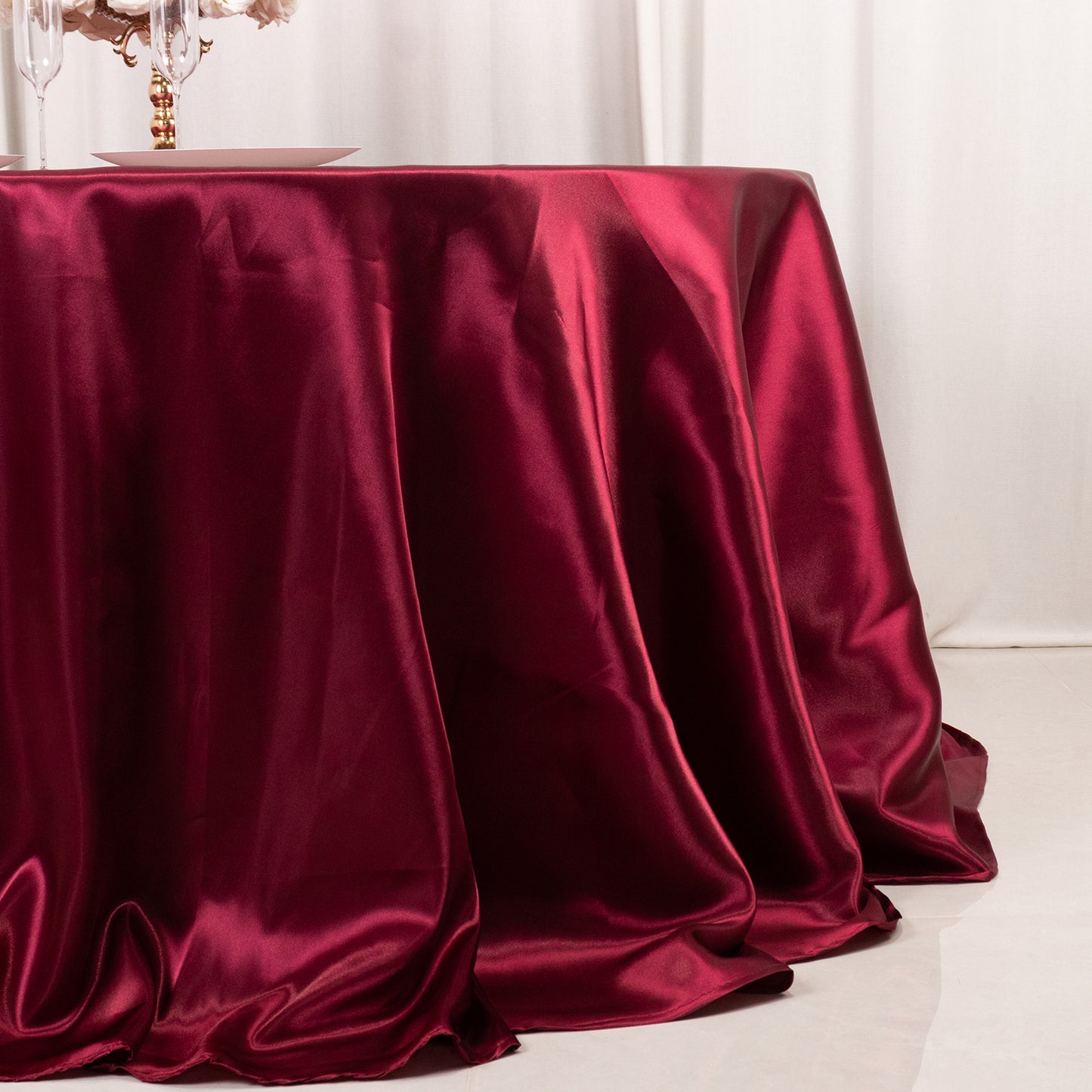 132" Burgundy Seamless Satin Round Tablecloth for 6 Foot Table With Floor-Length Drop