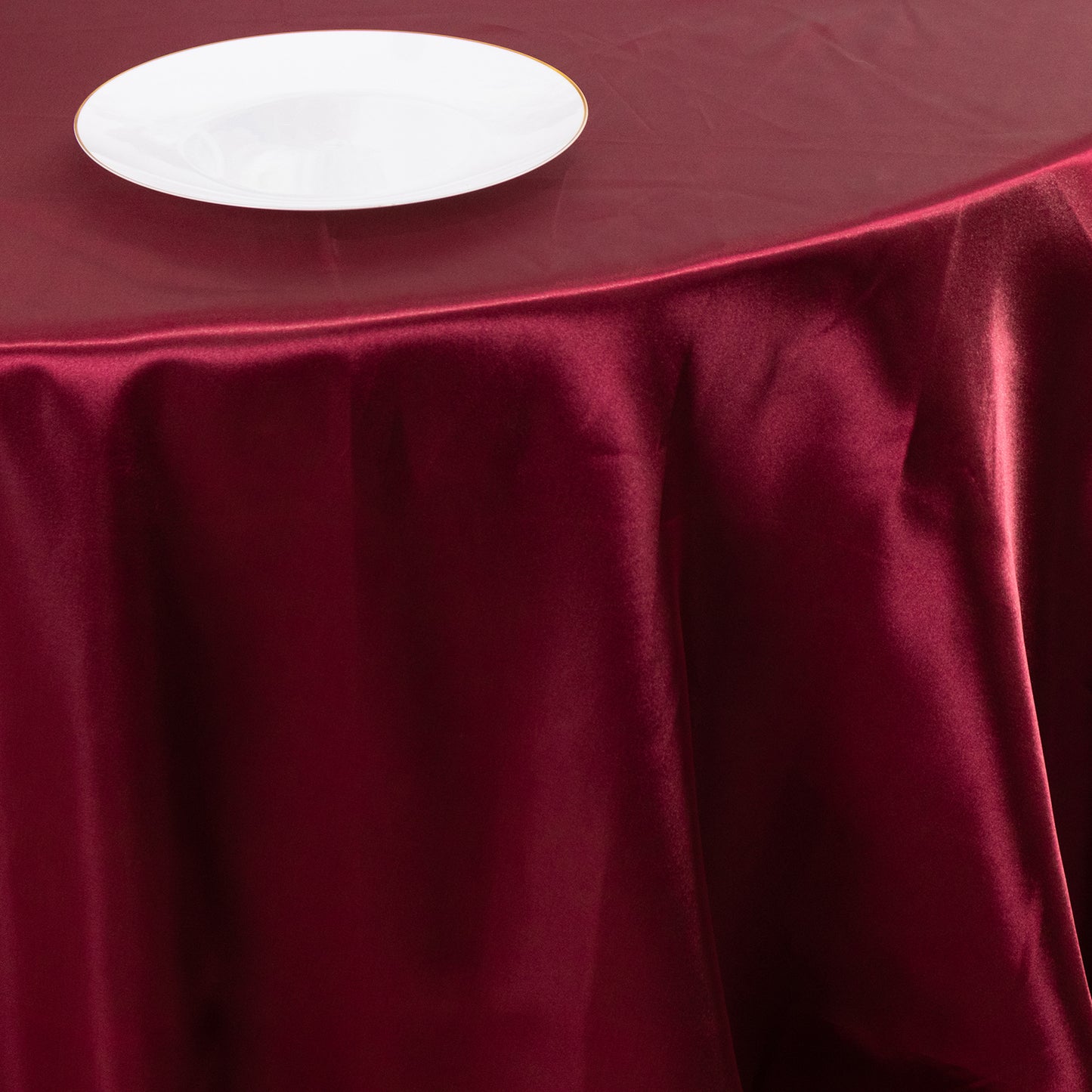 132" Burgundy Seamless Satin Round Tablecloth for 6 Foot Table With Floor-Length Drop