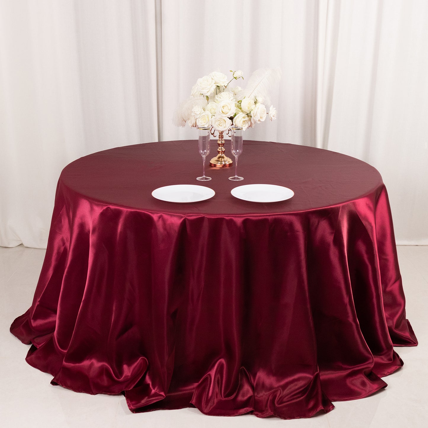 132" Burgundy Seamless Satin Round Tablecloth for 6 Foot Table With Floor-Length Drop