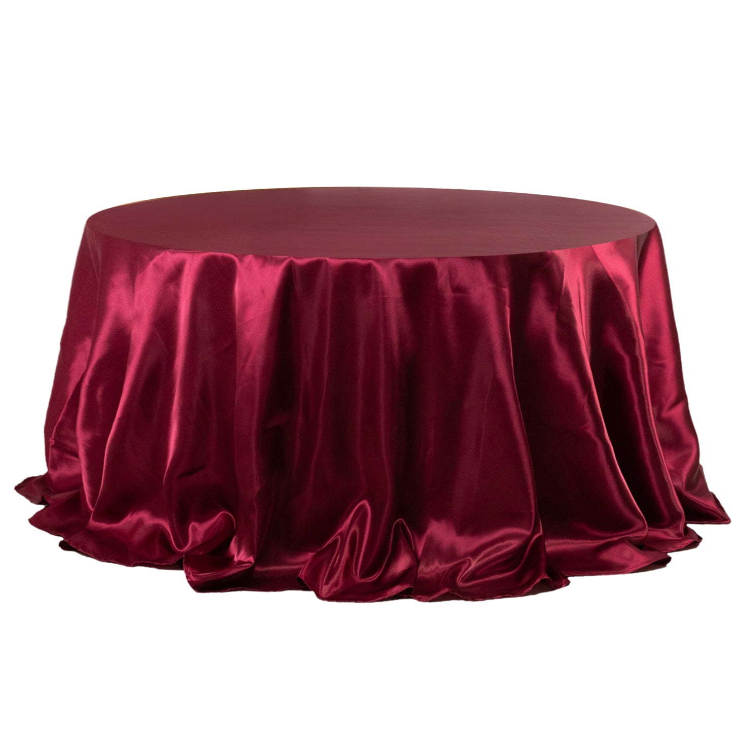 132" Burgundy Seamless Satin Round Tablecloth for 6 Foot Table With Floor-Length Drop