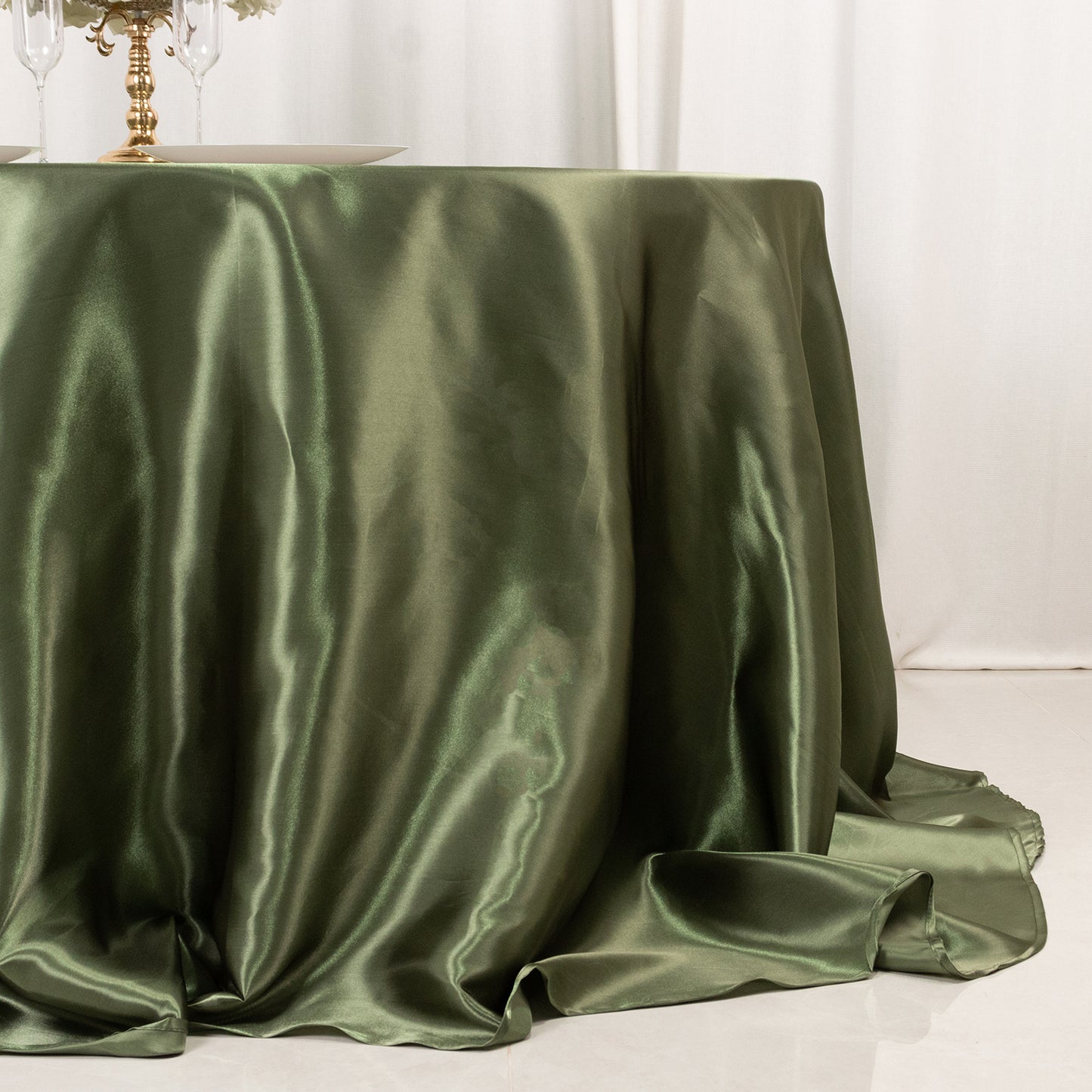 132" Dusty Sage Green Seamless Satin Round Tablecloth for 6 Foot Table With Floor-Length Drop