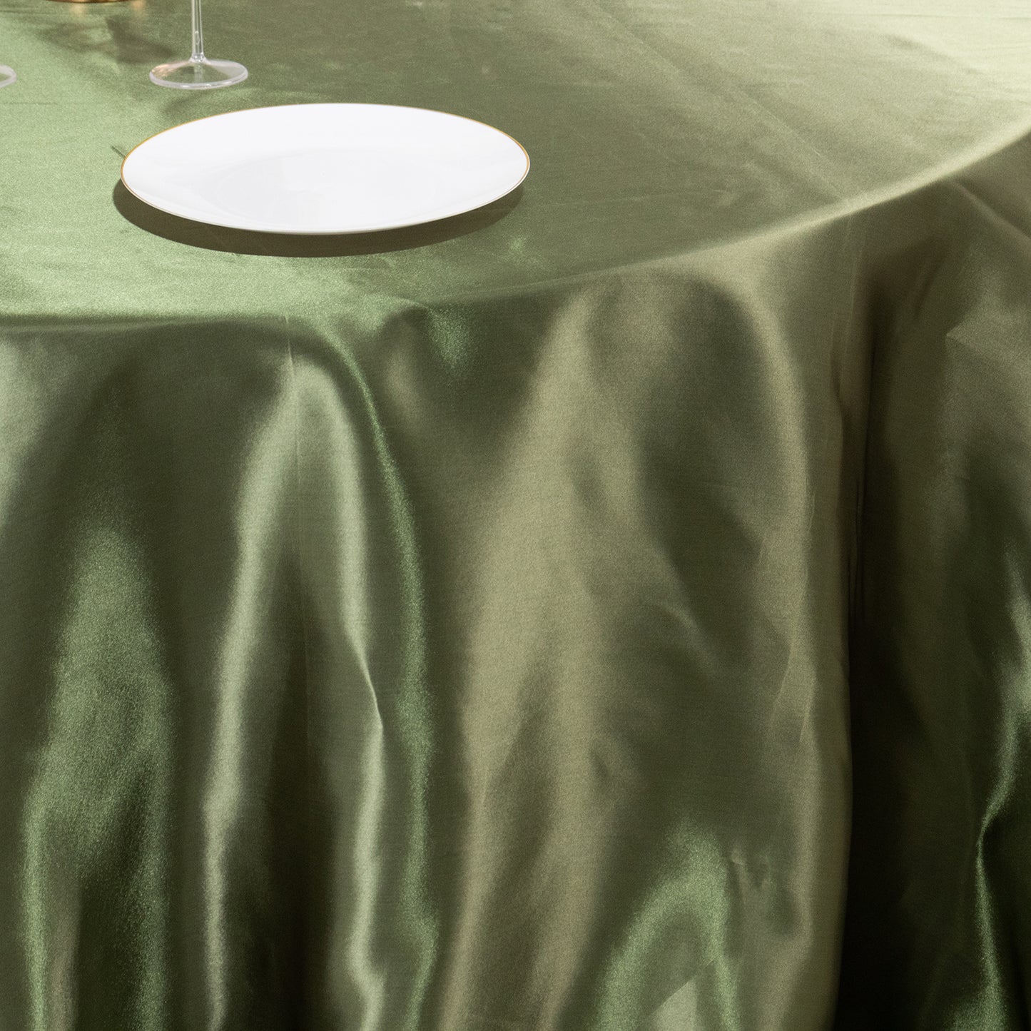 132" Dusty Sage Green Seamless Satin Round Tablecloth for 6 Foot Table With Floor-Length Drop