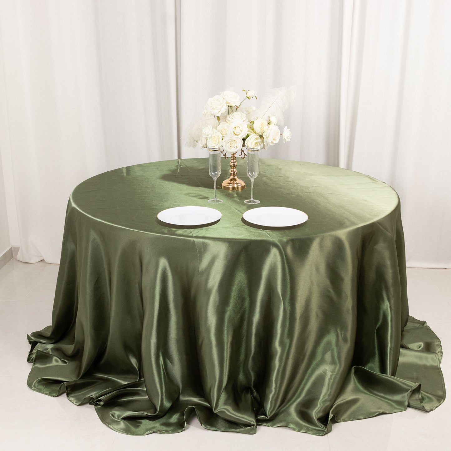 132" Dusty Sage Green Seamless Satin Round Tablecloth for 6 Foot Table With Floor-Length Drop