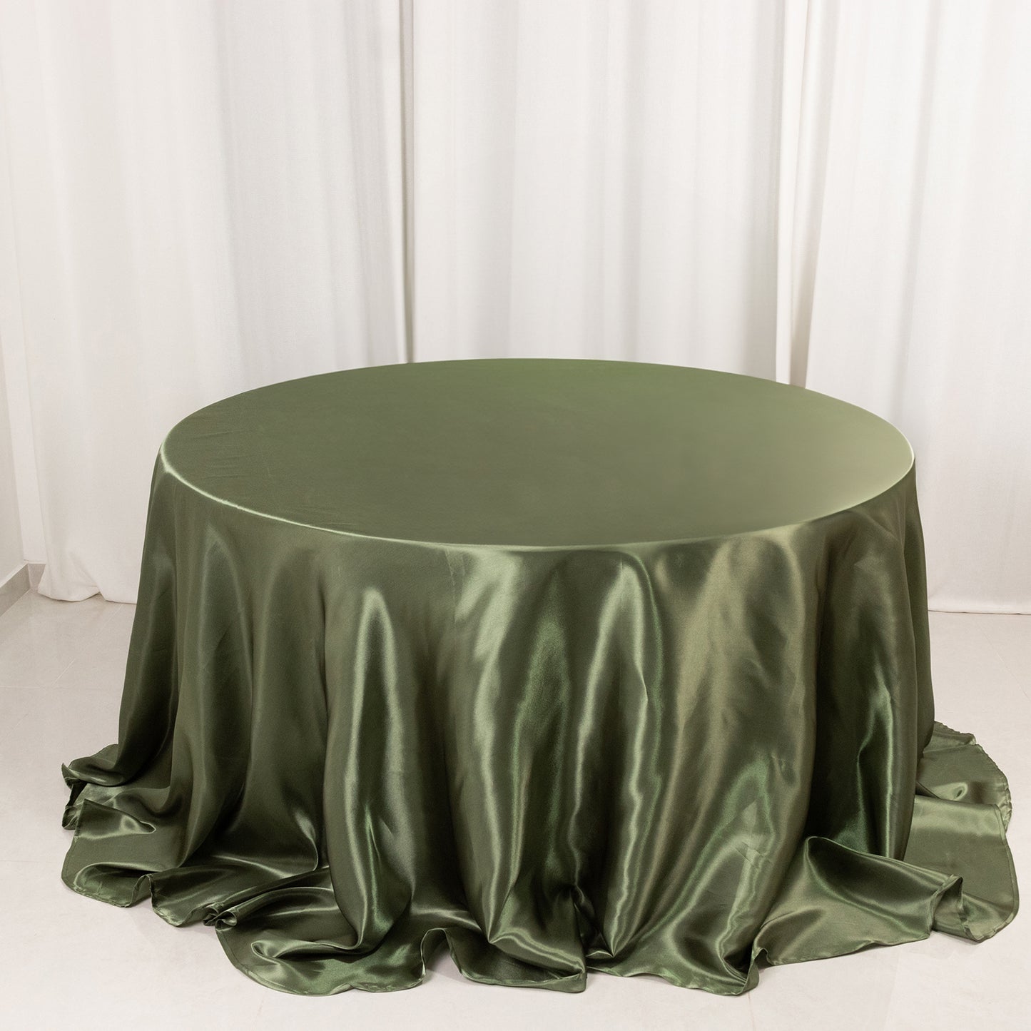 132" Dusty Sage Green Seamless Satin Round Tablecloth for 6 Foot Table With Floor-Length Drop