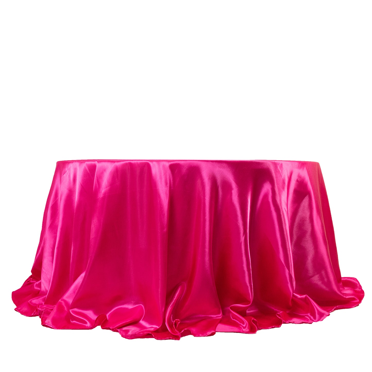 132" Fuchsia Seamless Satin Round Tablecloth for 6 Foot Table With Floor-Length Drop