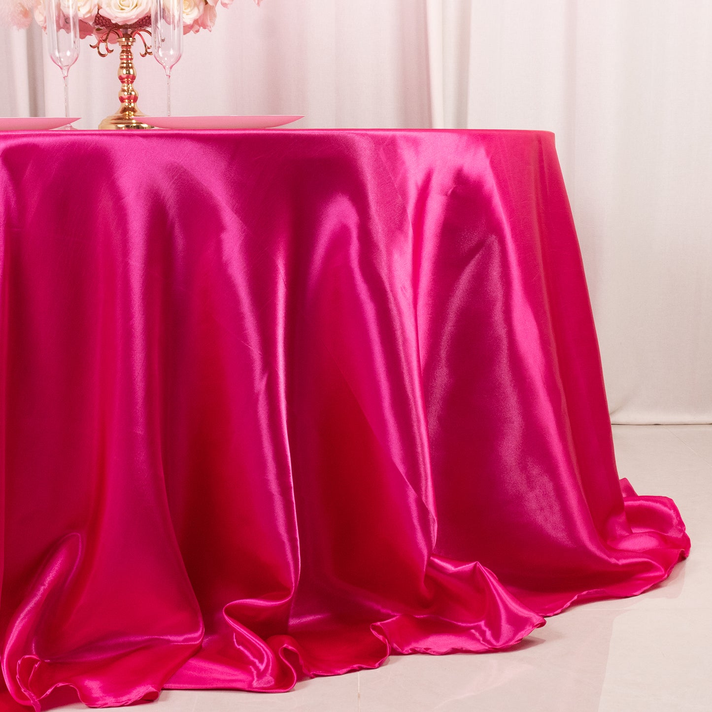 132" Fuchsia Seamless Satin Round Tablecloth for 6 Foot Table With Floor-Length Drop