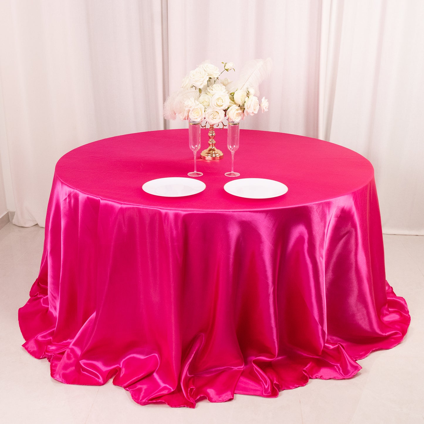 132" Fuchsia Seamless Satin Round Tablecloth for 6 Foot Table With Floor-Length Drop