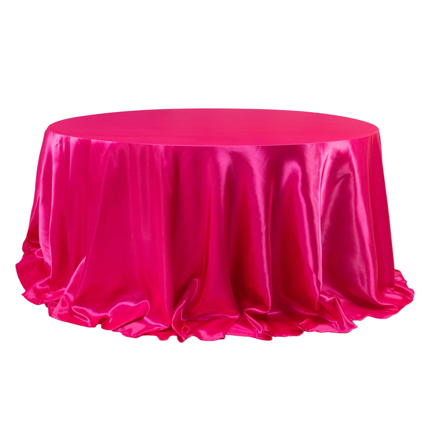 132" Fuchsia Seamless Satin Round Tablecloth for 6 Foot Table With Floor-Length Drop