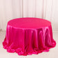 Fuchsia satin round tablecloth for 6-foot table with floor-length drop.