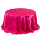 Fuchsia satin round tablecloth for 6-foot table with floor-length drop.